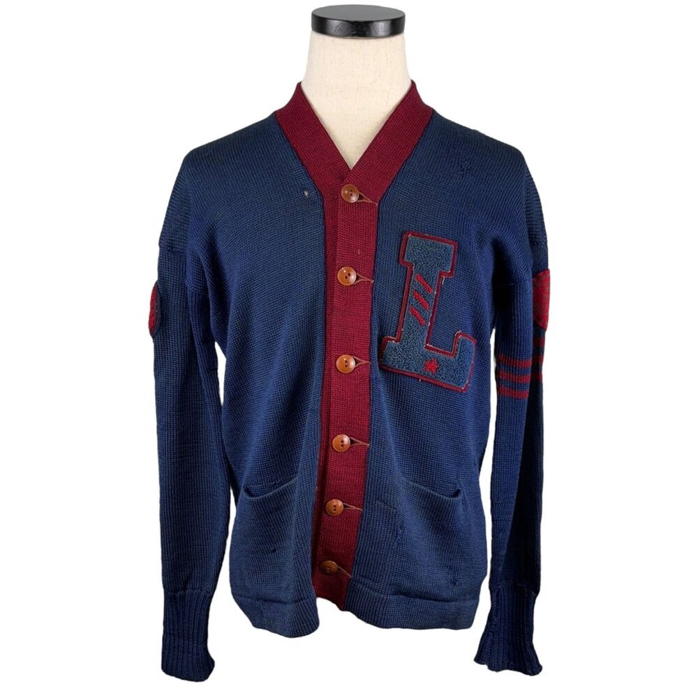 Vintage 1940s Champion Knitwear Blue & Red Varsity Letterman Cardigan Sweater